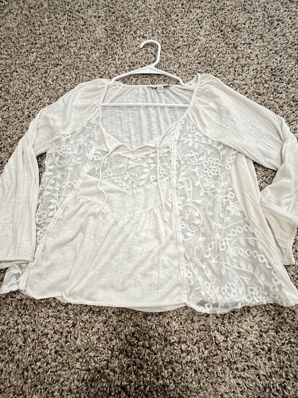 American Eagle Outfitters Ivory Embroidered Tie-Front Peasant Top